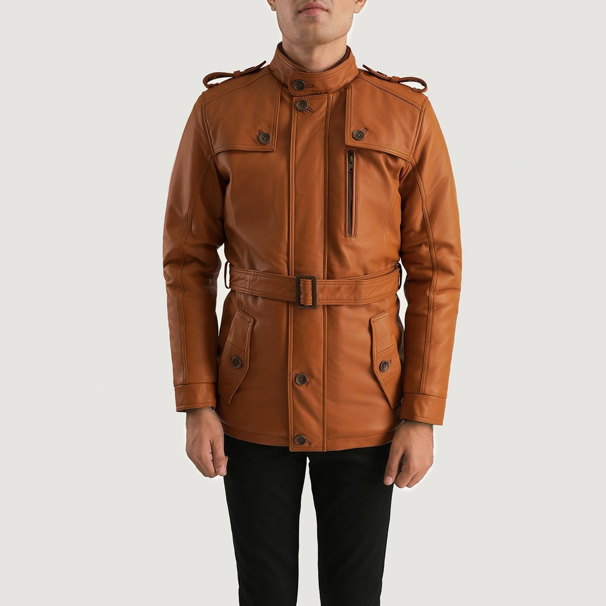 Vue détaillée of Band (Buttoned) &amp; Zipper with Button Flap Hardware on Hunter Camel Marron Fur Veste en Cuir pour Homme