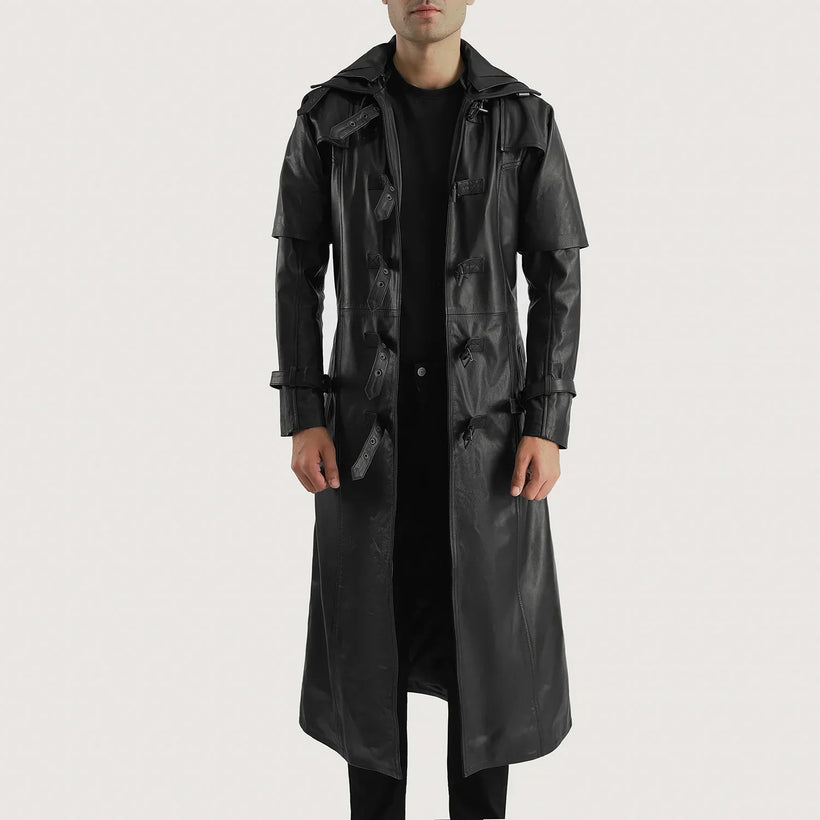 Huntsman Noir Hooded Trench-coat en Cuir pour Homme