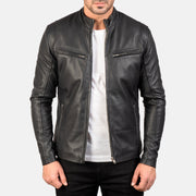 Men's Ionic Black Leather Jacket in Black Sheepskin Leather - Vue de face &amp; silhouette ajustée | Acheter en ligne