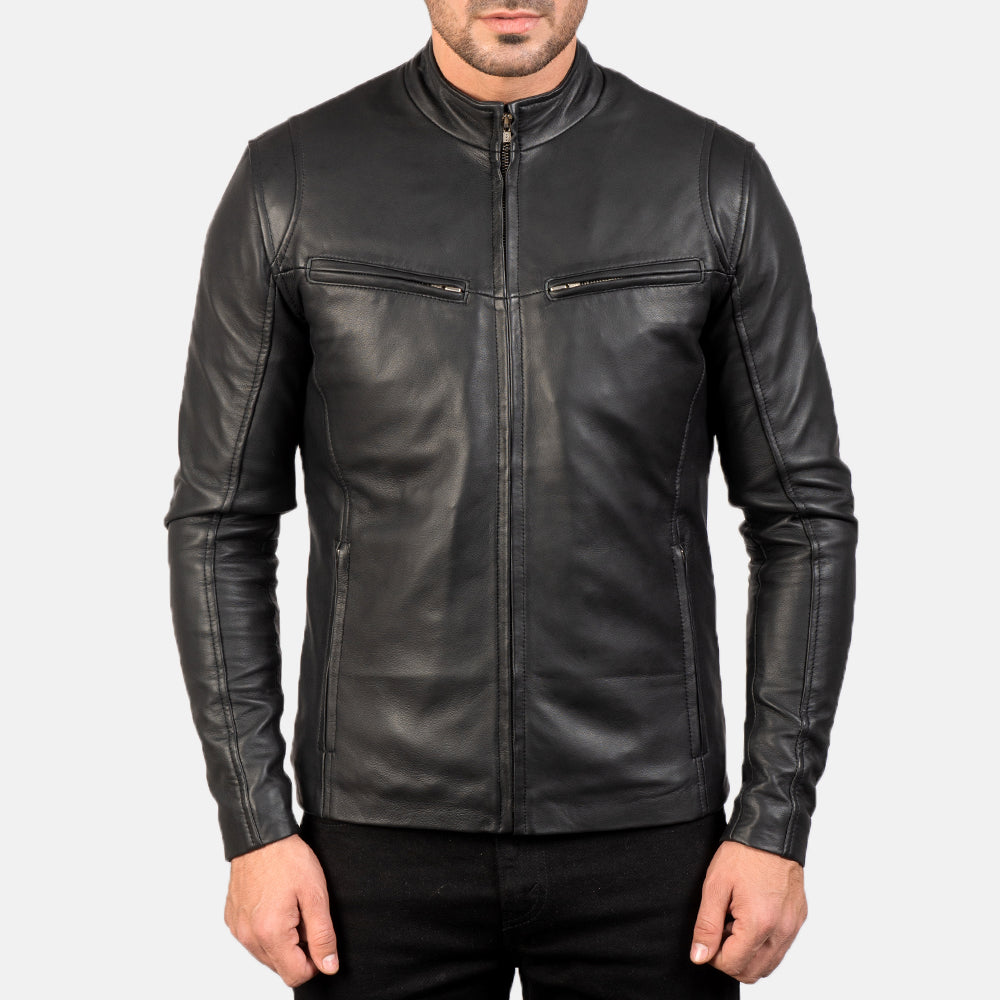 Vue détaillée of Band &amp; Zipper Hardware on Men's Ionic Black Leather Jacket