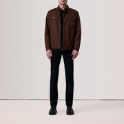 
Brown Waxed Cotton Canvas Leather Jacket - Vue arrière montrant la carrure ajustée et l'ourlet net