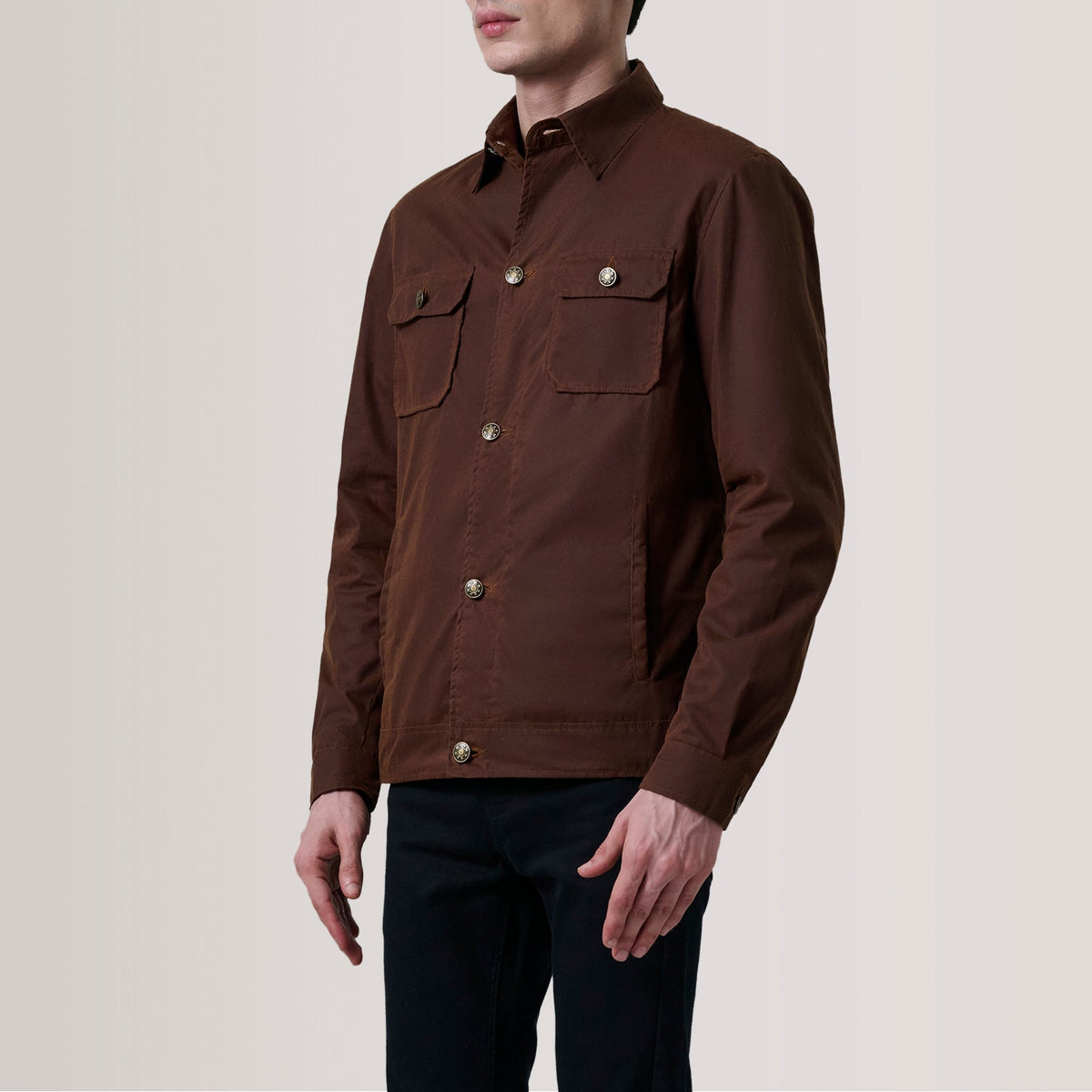 
Irwin Marron Waxed Canvas Field Veste en Cuir pour Homme For Men - Vue de profil mettant en valeur la coupe de manche ergonomique