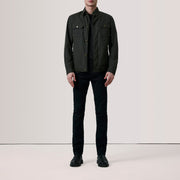 Olive Waxed Cotton Canvas Leather Jacket - Vue de dos avec coupe ajustée aux épaules &amp; ourlet soigné