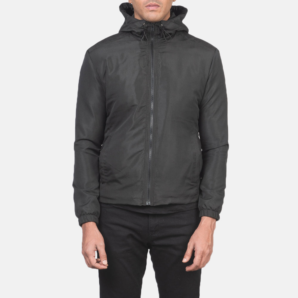 Vue détaillée of High Neck with Hood & Zipper with wind flap Hardware on Jimmy Black Hooded Windbreaker Jacket