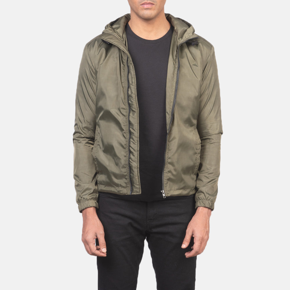 Men's Jimmy Vert Hooded Windbreaker Veste en Cuir pour Homme in Green Nylon - Vue de face &amp; silhouette ajustée | Acheter en ligne