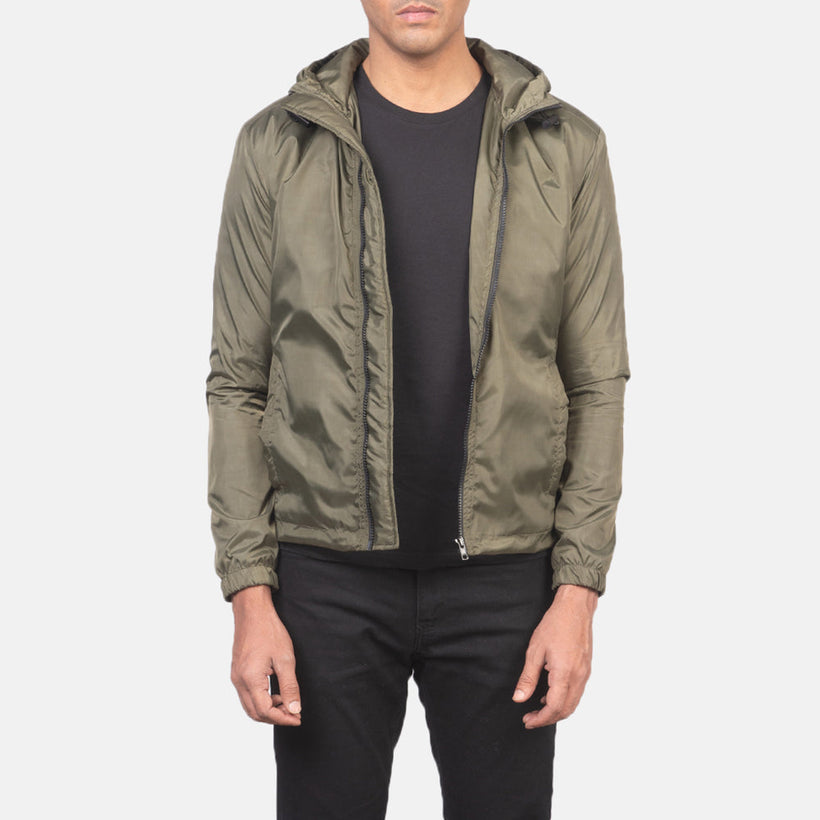 Jimmy Vert Hooded Windbreaker Veste en Cuir pour Homme