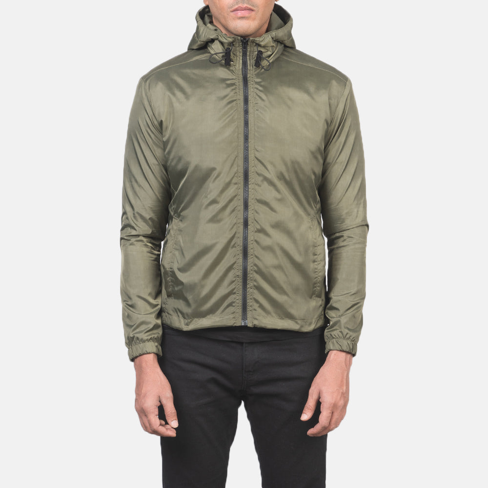 Vue détaillée of High Neck with Hood & Zipper with wind flap Hardware on Jimmy Green Hooded Windbreaker Jacket