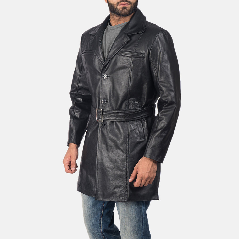 Black Cowhide leather Coat - Vue de dos avec coupe ajustée aux épaules &amp; ourlet soigné