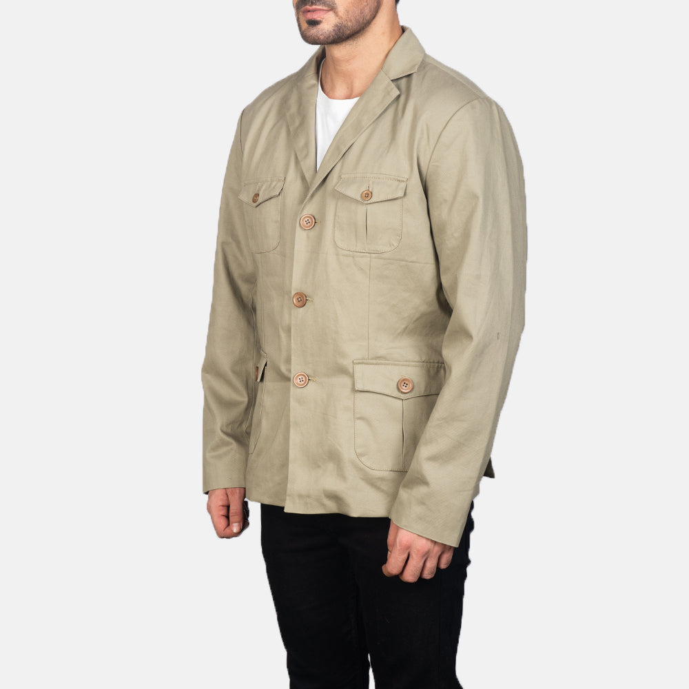
Beige Poly-Cotton Leather Blazer - Vue arrière montrant la carrure ajustée et l'ourlet net