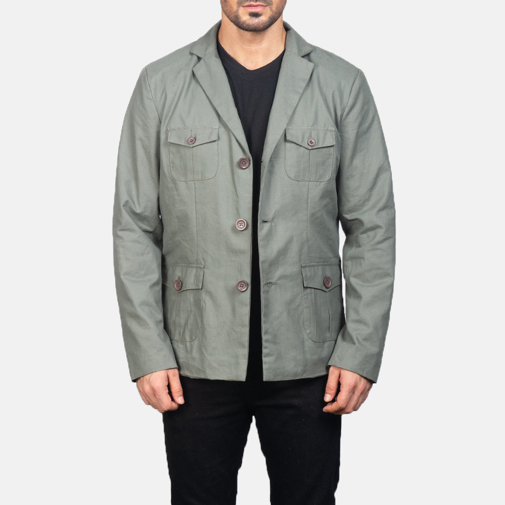Kajetan Gris Safari Veste en Cuir pour Homme in Grey Poly-Cotton - Vue de face &amp; silhouette ajustée | Acheter en ligne