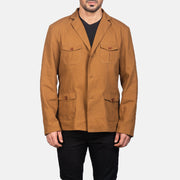 Kajetan Khaki Safari Veste en Cuir pour Homme in Khaki Poly-Cotton - Vue de face &amp; silhouette ajustée | Acheter en ligne