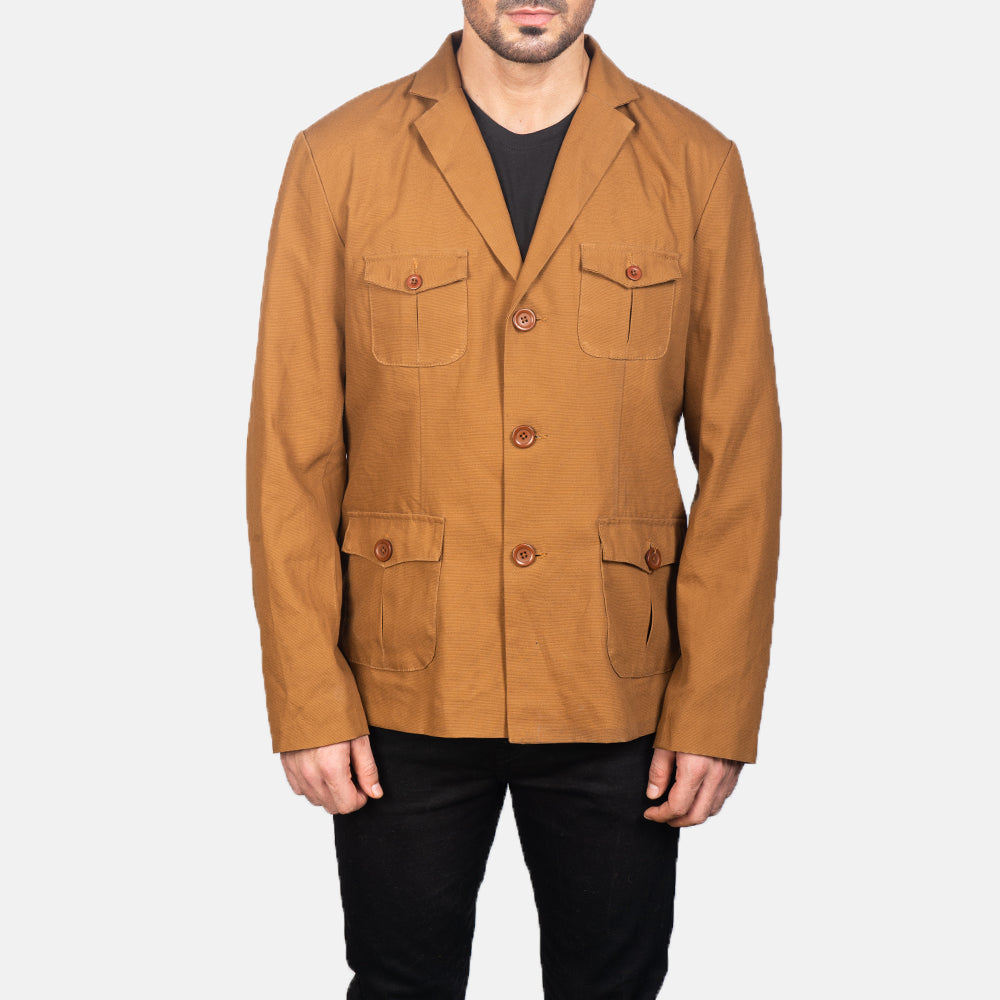 Vue détaillée of Notch &amp; Button Hardware on Kajetan Khaki Safari Veste en Cuir pour Homme