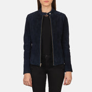 Women's Kelsee Navy Blue Suede Biker Jacket in Navy Blue Goatskin Suede - Vue de face &amp; silhouette ajustée | Acheter en ligne