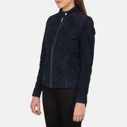 Navy Blue Goatskin Suede Biker Jacket - Vue de dos avec coupe ajustée aux épaules &amp; ourlet soigné