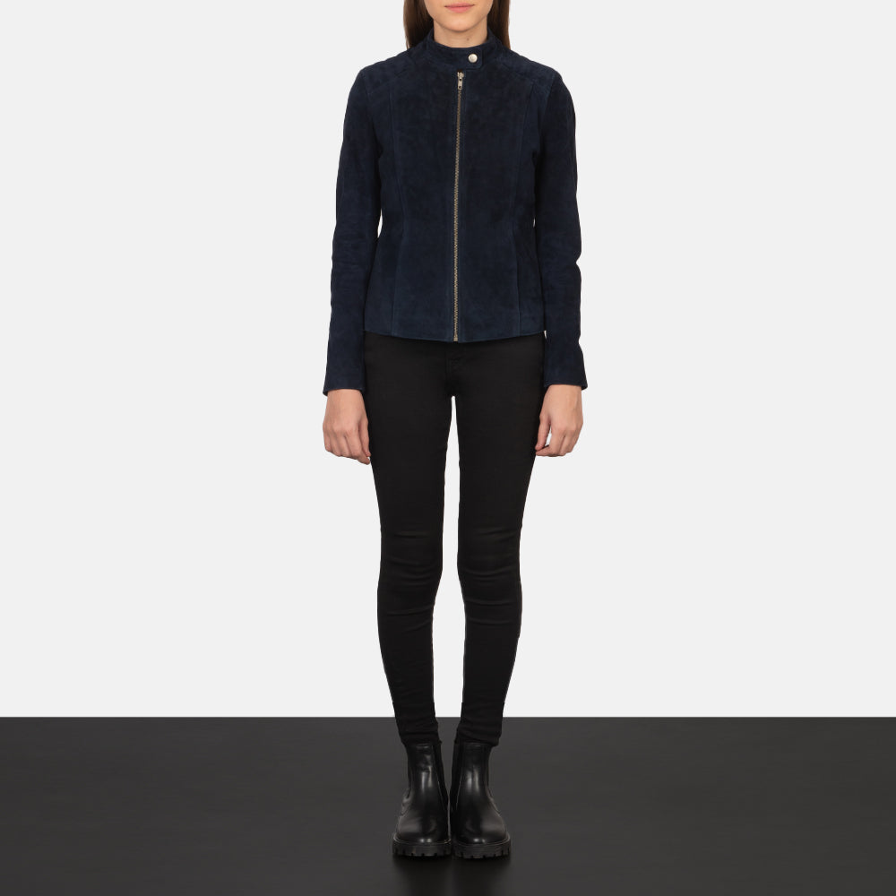 Women's Kelsee Navy Blue Suede Biker Jacket - Vue de profil avec coupe de manche ergonomique