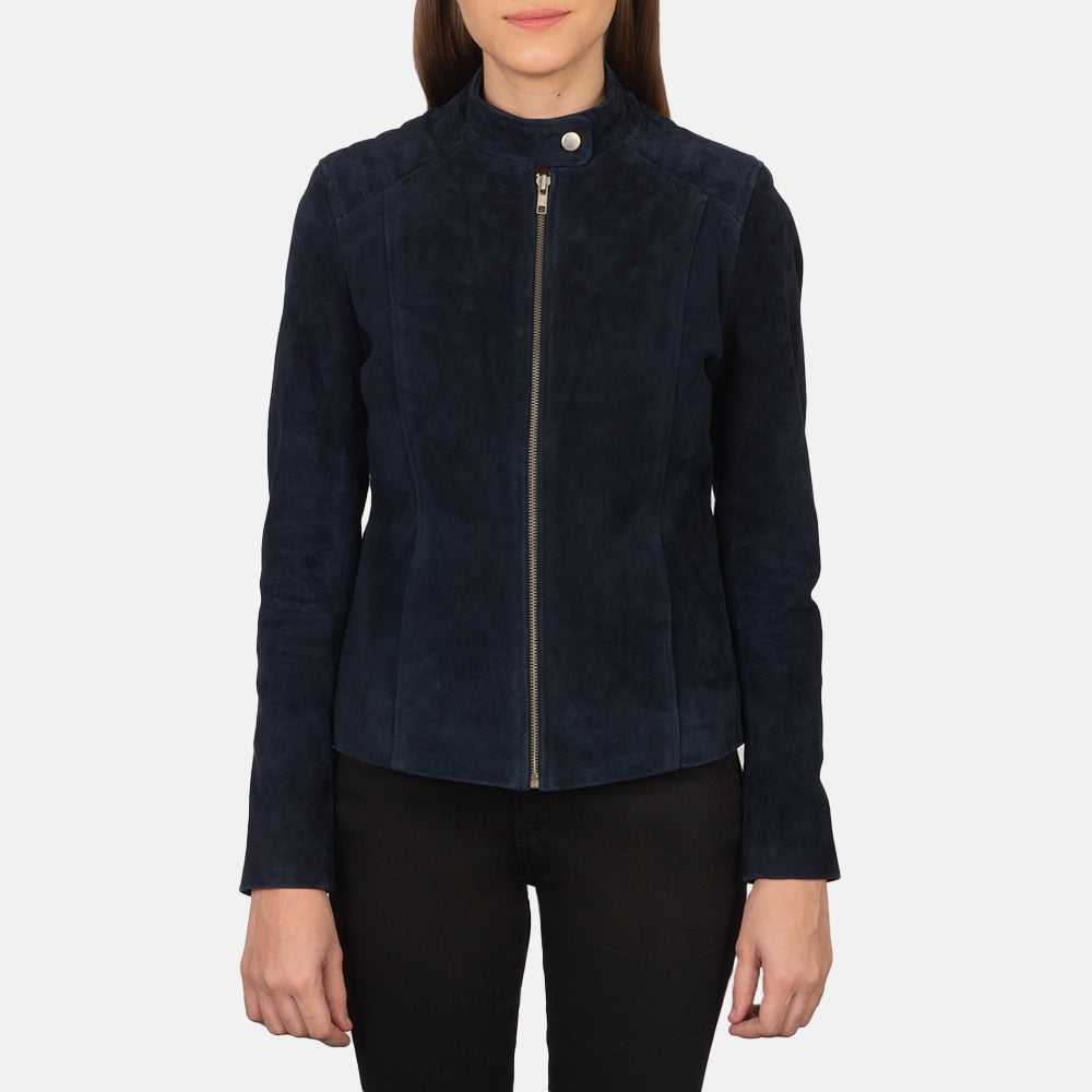 Vue détaillée of Band with snap button &amp; Zipper Hardware on Women's Kelsee Navy Blue Suede Biker Jacket