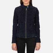 Vue détaillée of Band with snap button &amp; Zipper Hardware on Women's Kelsee Navy Blue Suede Biker Jacket
