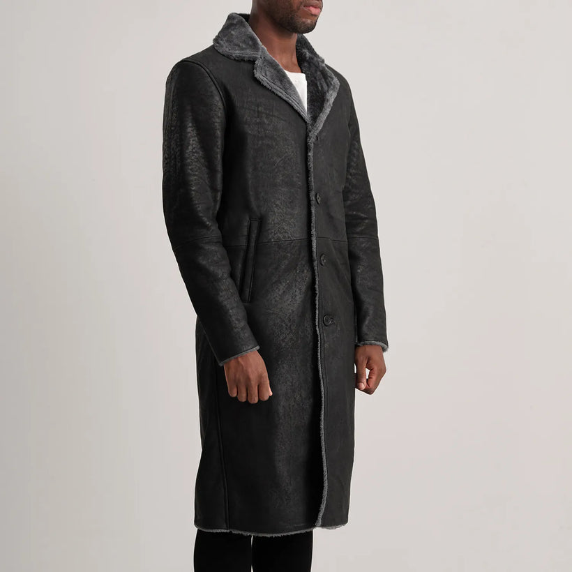 Kolby Noir Vieilli Leather Shearling Manteau en Cuir pour Homme