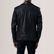 Vue détaillée of Notch &amp; Zipper &amp; Waist Straps Hardware on Kole Noir Leather Double Rider Veste en Cuir pour Homme For Men