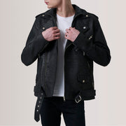 
Kole Noir Vieilli Leather Double Rider Veste en Cuir pour Homme in Distressed Black Sheepskin Snuffed - Vue de face & silhouette ajustée | Acheter en ligne