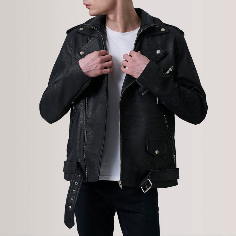 Kole Patine Usée Noir Leather Double Rider Veste en Cuir pour Homme