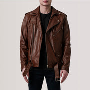 Kole Waxed Marron Leather Double Rider Veste en Cuir pour Homme in Distressed Brown Sheepskin Burnished - Vue de face &amp; silhouette ajustée | Acheter en ligne