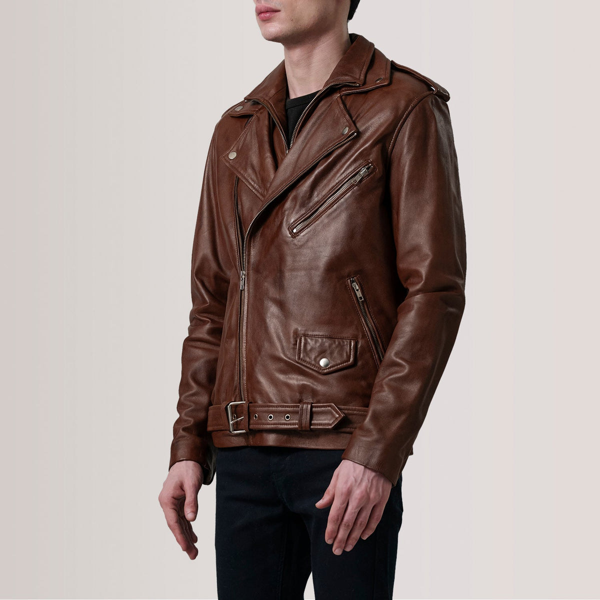 Kole Waxed Marron Leather Double Rider Veste en Cuir pour Homme - Vue de profil avec coupe de manche ergonomique