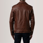 Vue détaillée of Notch &amp; Zipper &amp; Waist Straps Hardware on Kole Waxed Marron Leather Double Rider Veste en Cuir pour Homme