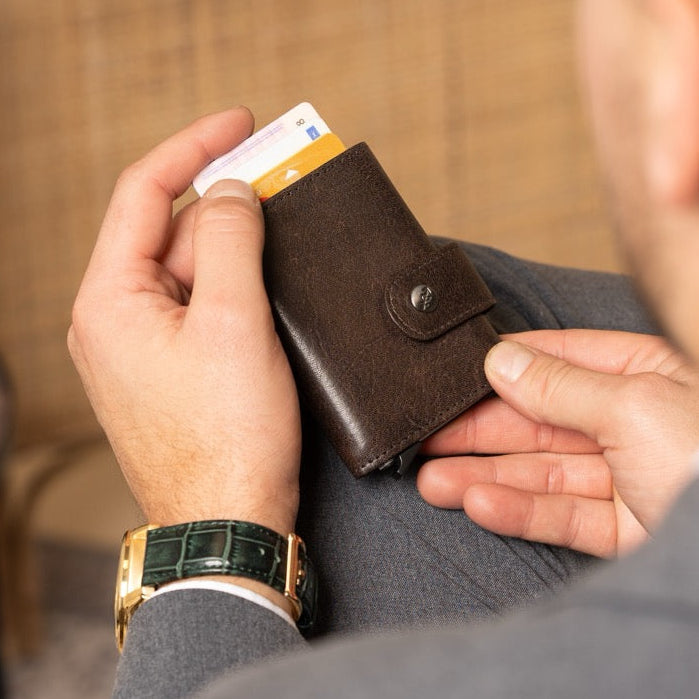 Classic 100% Full-Grain Leather Card Holder - Rear Perspective Showing Reinforced Leather Straps & Stitching