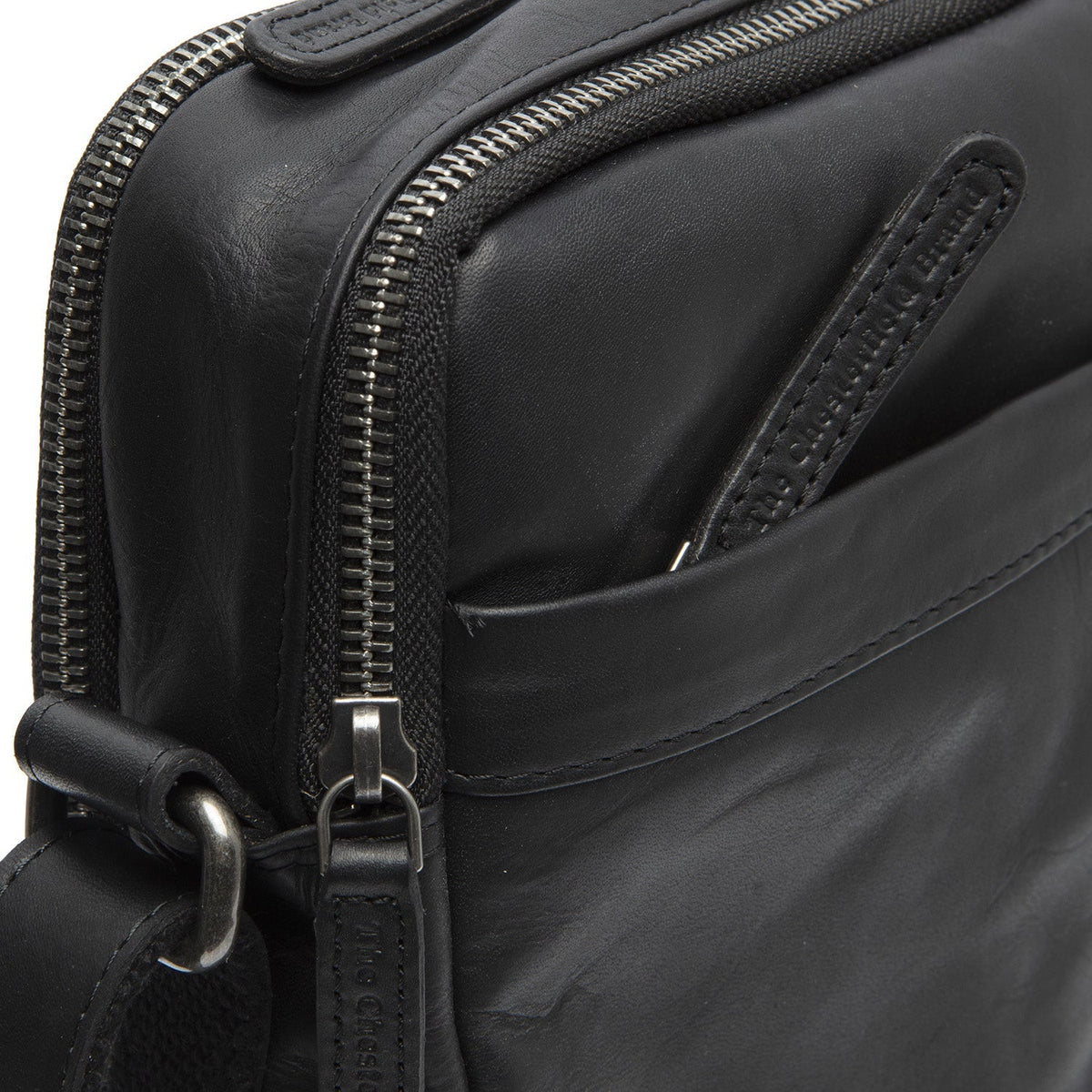 Solid Antique Brass Hardware & Heavy-Duty Dual Zipper Detail on Alva Full-Grain Leather Crossbody Bag