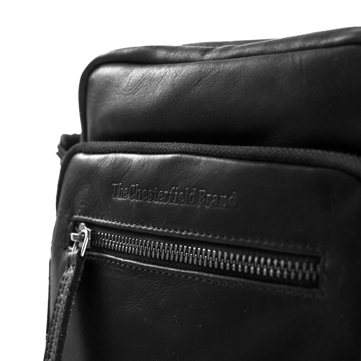 Solid Antique Brass Hardware & Heavy-Duty Dual Zipper Detail on Birmingham Full-Grain Leather Crossbody Bag