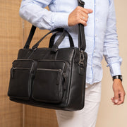 Classic 100% Full-Grain leather Briefcase - Rear Perspective Showing Reinforced Leather Straps &amp; Stitching