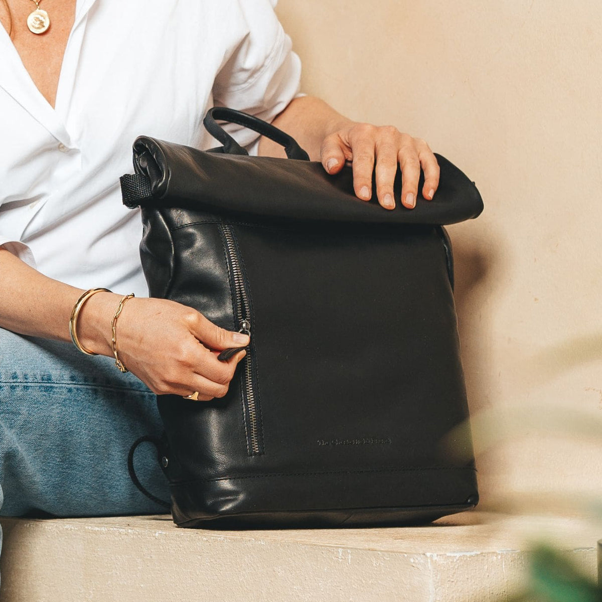 Classic 100% Full-Grain leather Backpack - Rear Perspective Showing Reinforced Leather Straps &amp; Stitching