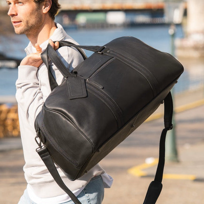 Classic 100% Full-Grain Leather Duffle Bag - Rear Perspective Showing Reinforced Leather Straps &amp; Stitching