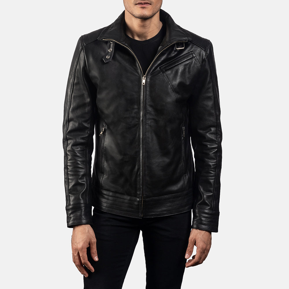 Vue détaillée of High neck with Belt &amp; Zipper Hardware on Men's Legacy Noir Veste Motard en Cuir pour Homme