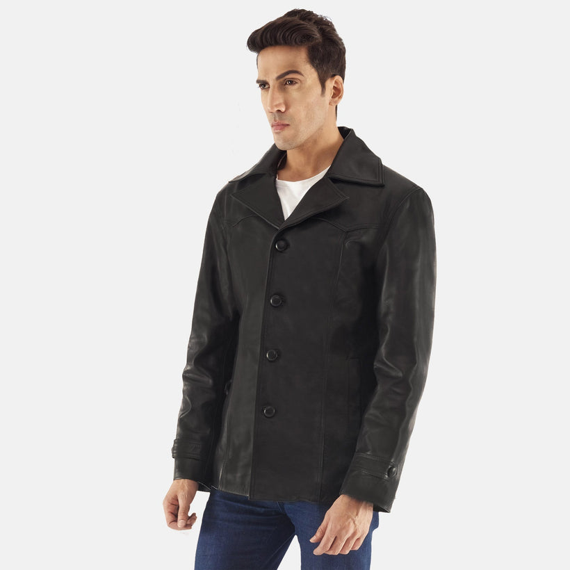 Leo Noir Manteau en Cuir pour Homme