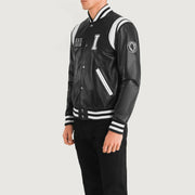 
Black & White Sheepskin Leather Varsity Jacket - Vue arrière montrant la carrure ajustée et l'ourlet net