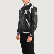 
Black & White Sheepskin Leather Varsity Jacket - Vue arrière montrant la carrure ajustée et l'ourlet net