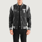 Liberte Texas Noir Leather Varsity Veste en Cuir pour Homme in Black &amp; White Sheepskin Leather - Vue de face &amp; silhouette ajustée | Acheter en ligne