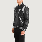 Black &amp; White Sheepskin Leather Varsity Jacket - Vue de dos avec coupe ajustée aux épaules &amp; ourlet soigné