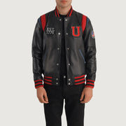 Liberte USA Black Leather Varsity Jacket in Black Sheepskin Leather - Vue de face &amp; silhouette ajustée | Acheter en ligne