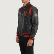 Black Sheepskin Leather Varsity Jacket - Vue de dos avec coupe ajustée aux épaules &amp; ourlet soigné