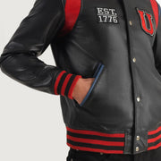 Vue détaillée of Varsity &amp; Snap Button Hardware on Liberte USA Black Leather Varsity Jacket