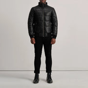 Lucas Blue Leather Puffer Bomber Jacket - Vue de profil avec coupe de manche ergonomique