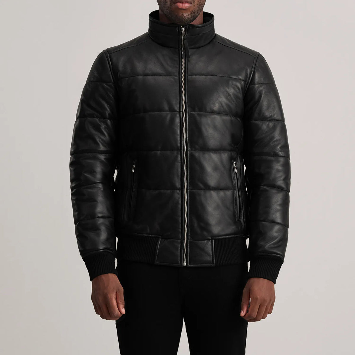 Vue détaillée of High neck &amp; Zipper Hardware on Lucas Blue Leather Puffer Bomber Jacket
