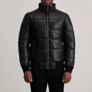 Vue détaillée of High neck &amp; Zipper Hardware on Lucas Blue Leather Puffer Bomber Jacket