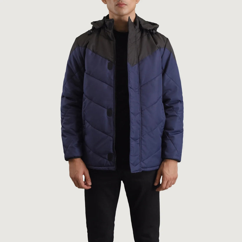 Luka Noir & Bleu Hooded Puffer Veste en Cuir pour Homme