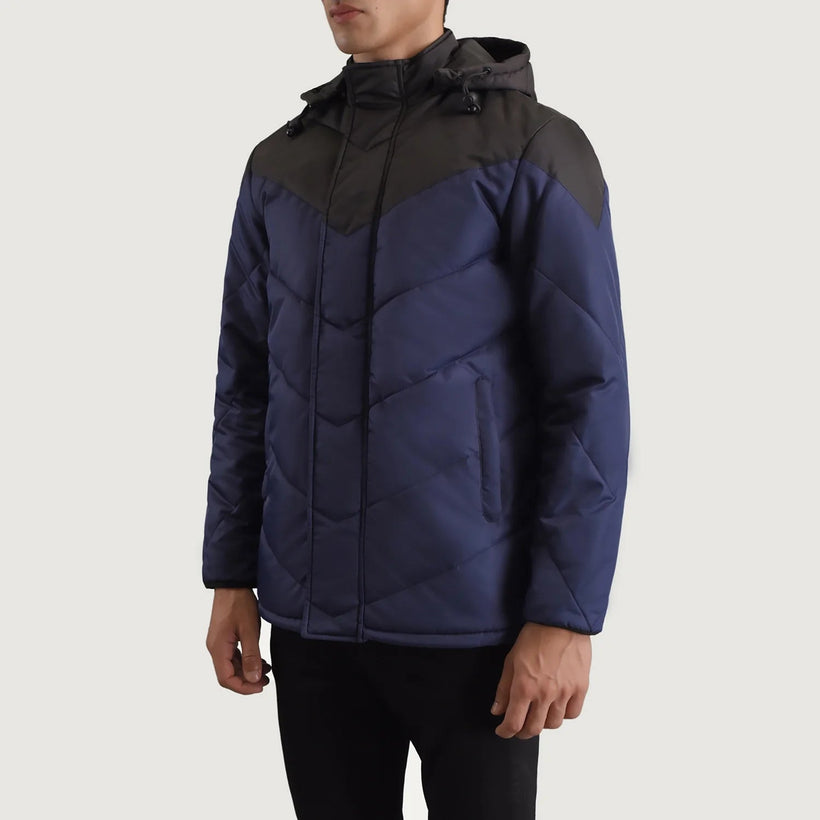 Luka Noir & Bleu Hooded Puffer Veste en Cuir pour Homme