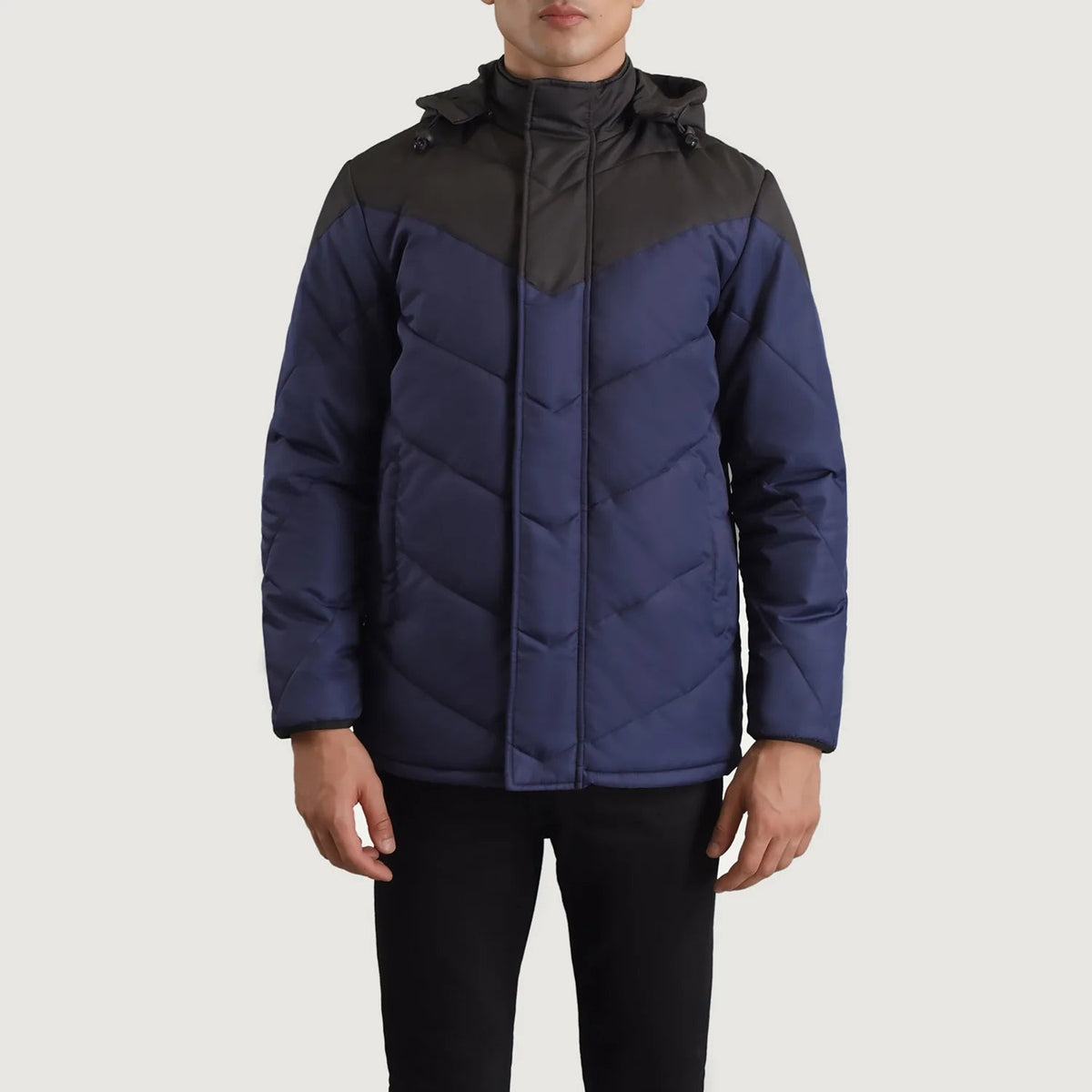 
Vue détaillée of Classic Collar & Zipper With Velcro Placket Hardware on Luka Noir & Bleu Hooded Puffer Veste en Cuir pour Homme