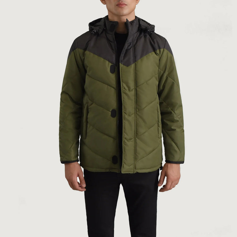 Luka Noir & Vert Hooded Puffer Veste en Cuir pour Homme
